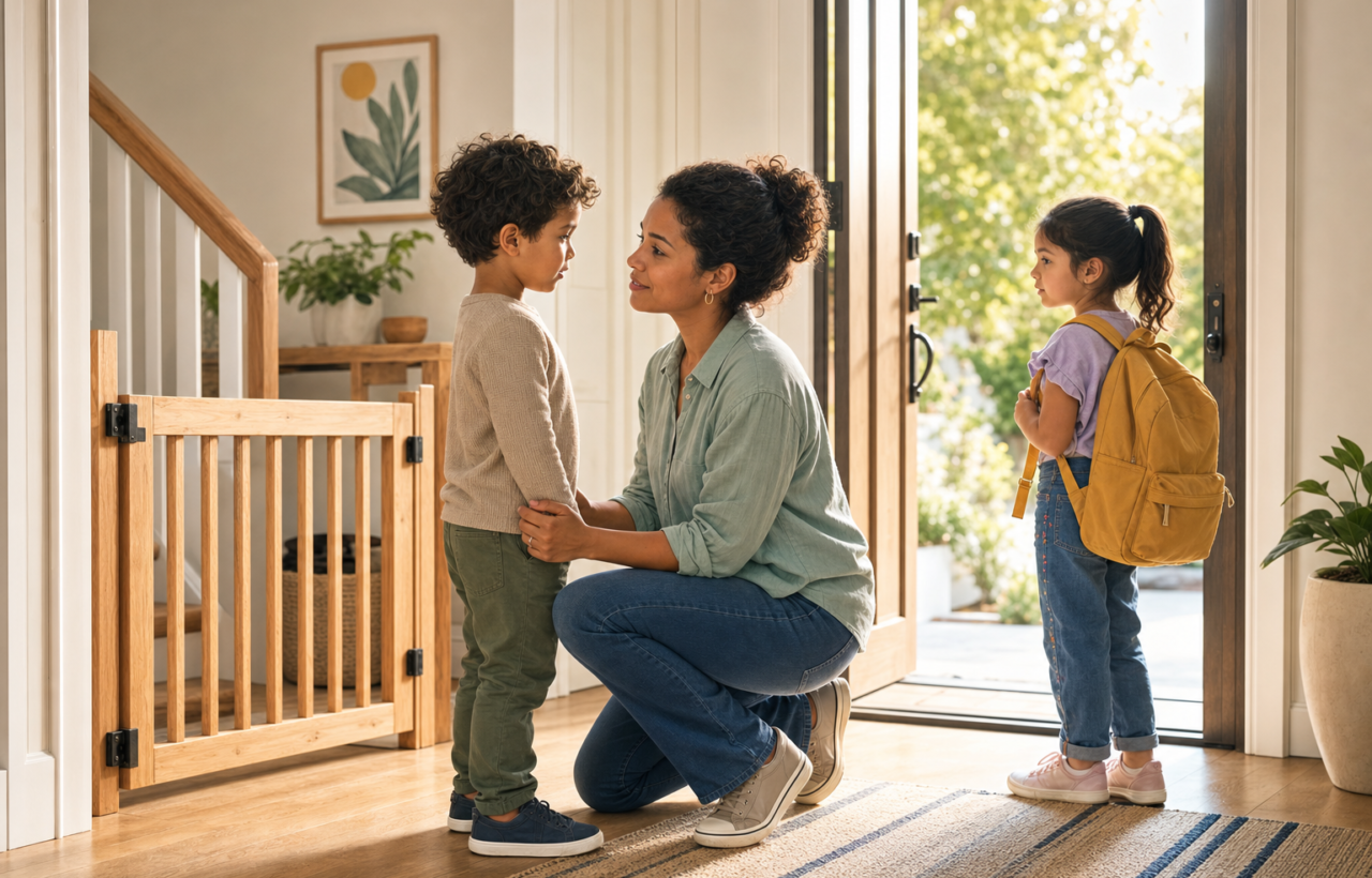 A parent kneels to speak calmly with a child near an open doorway while another child waits with a backpack in a sunlit home.