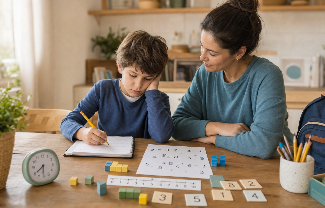 Child struggling with math homework while a supportive parent sits nearby at the kitchen table.