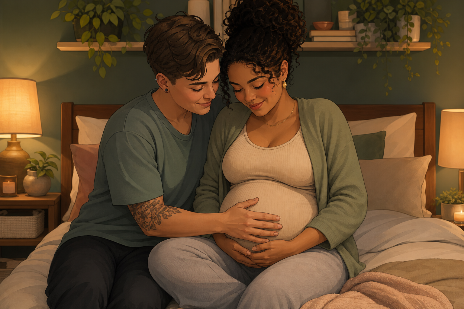 Pregnant couple sitting together on a bed with one partner gently touching the belly.