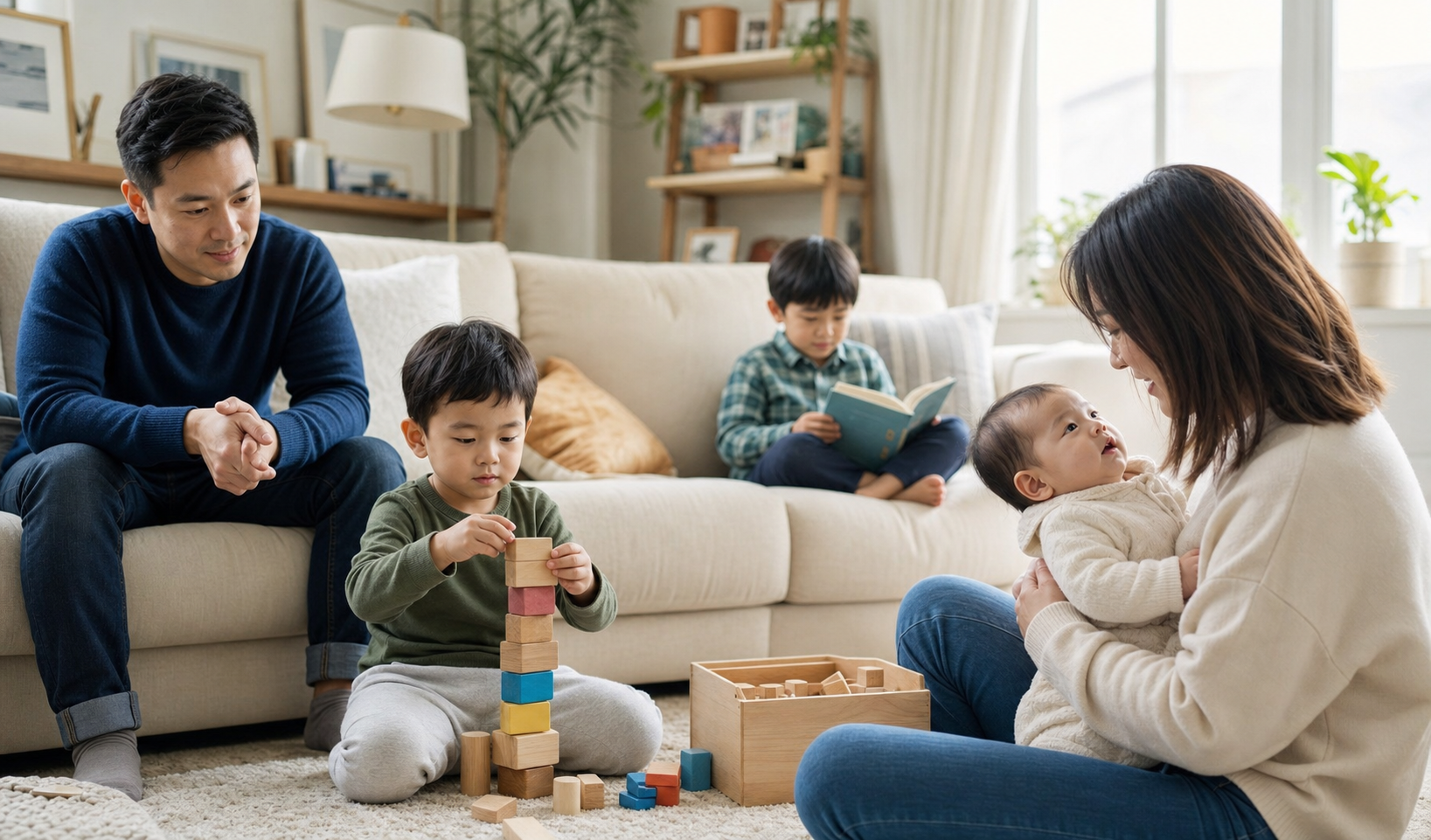 A caregiver watches children at different developmental stages playing and interacting in a living room.
