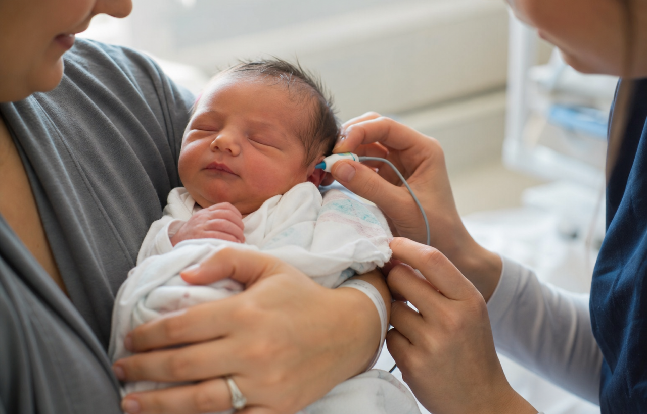 A newborn in a parent's arms during a gentle hearing screening in a hospital room.