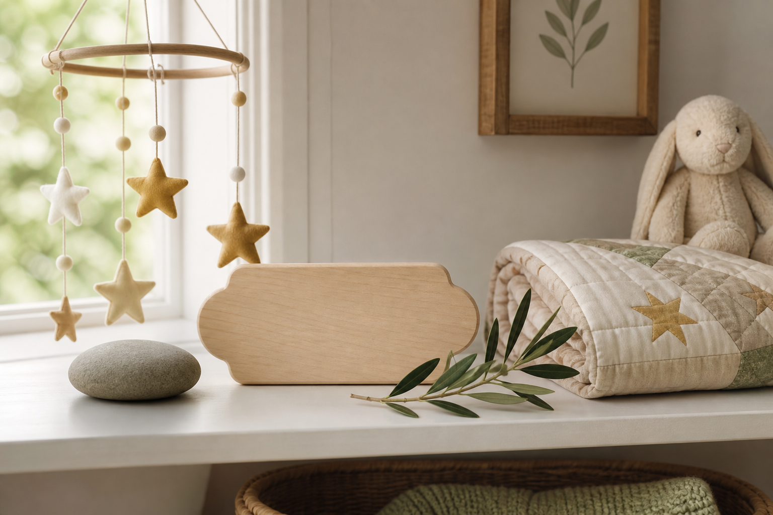 A nursery shelf holds symbolic objects, a baby quilt, and a blank wooden plaque in soft window light.
