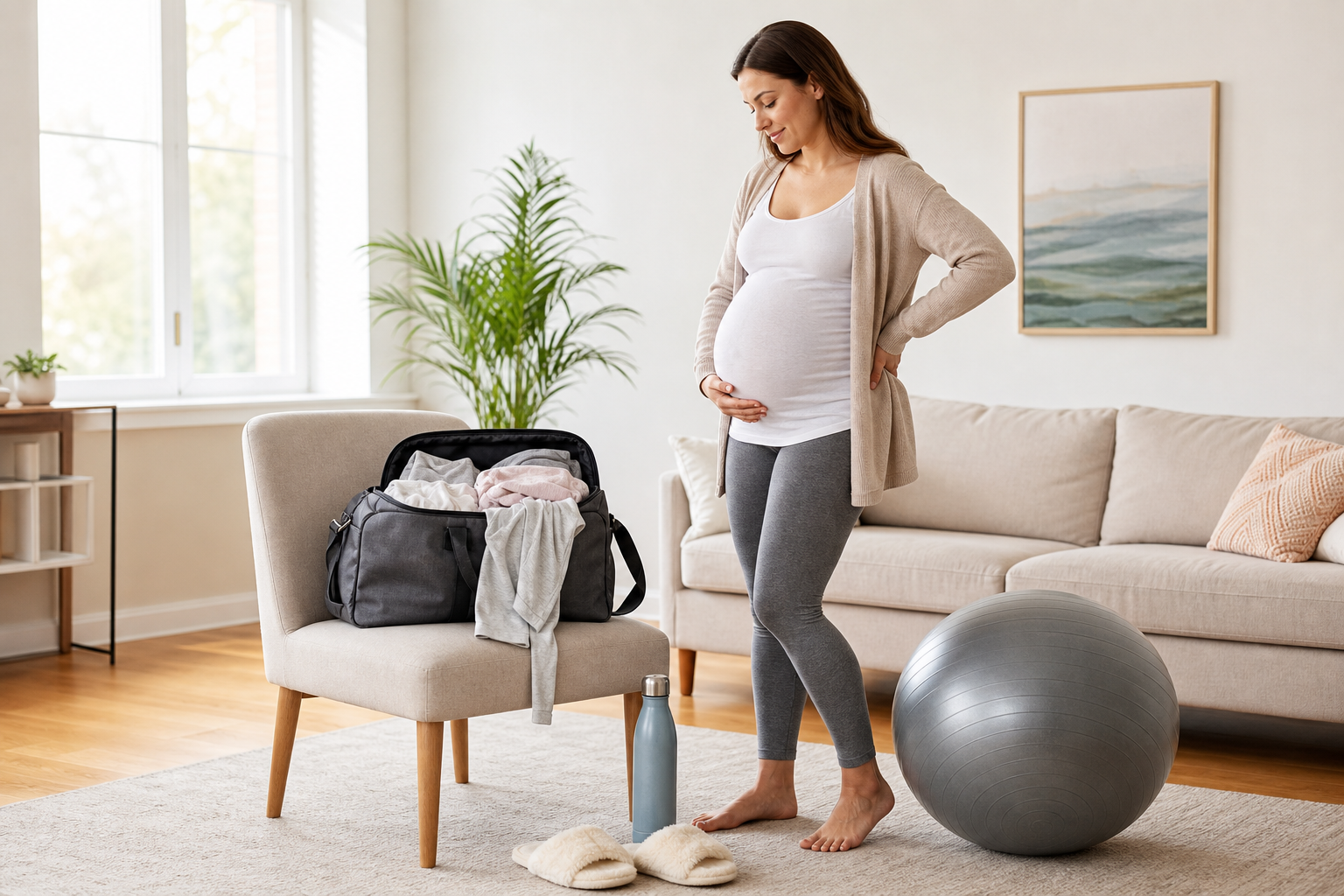 Pregnant person standing beside a hospital bag, birth ball, and comfort items in a bright room.
