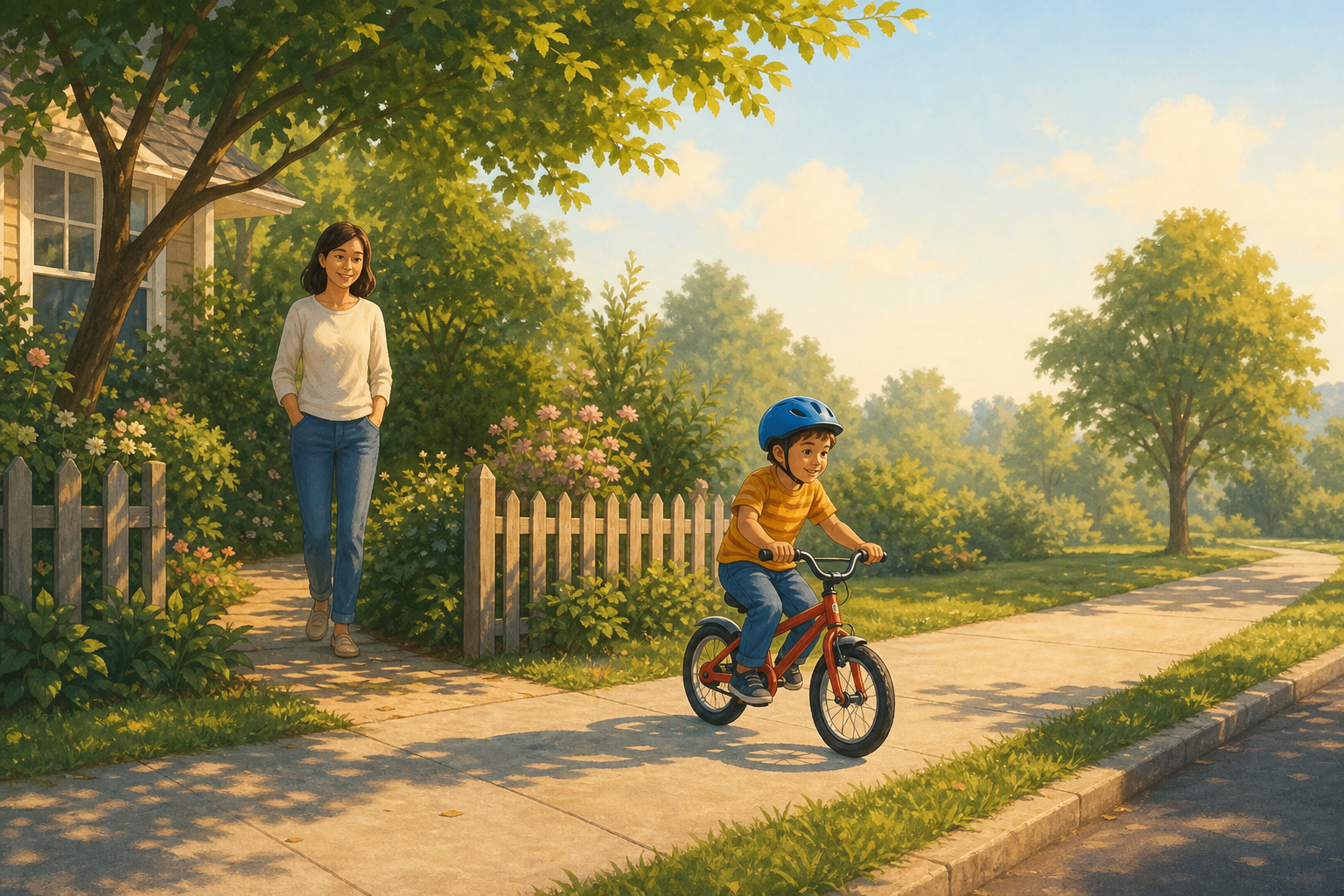A child rides a bicycle along a sidewalk while a parent watches nearby beside a low garden fence.