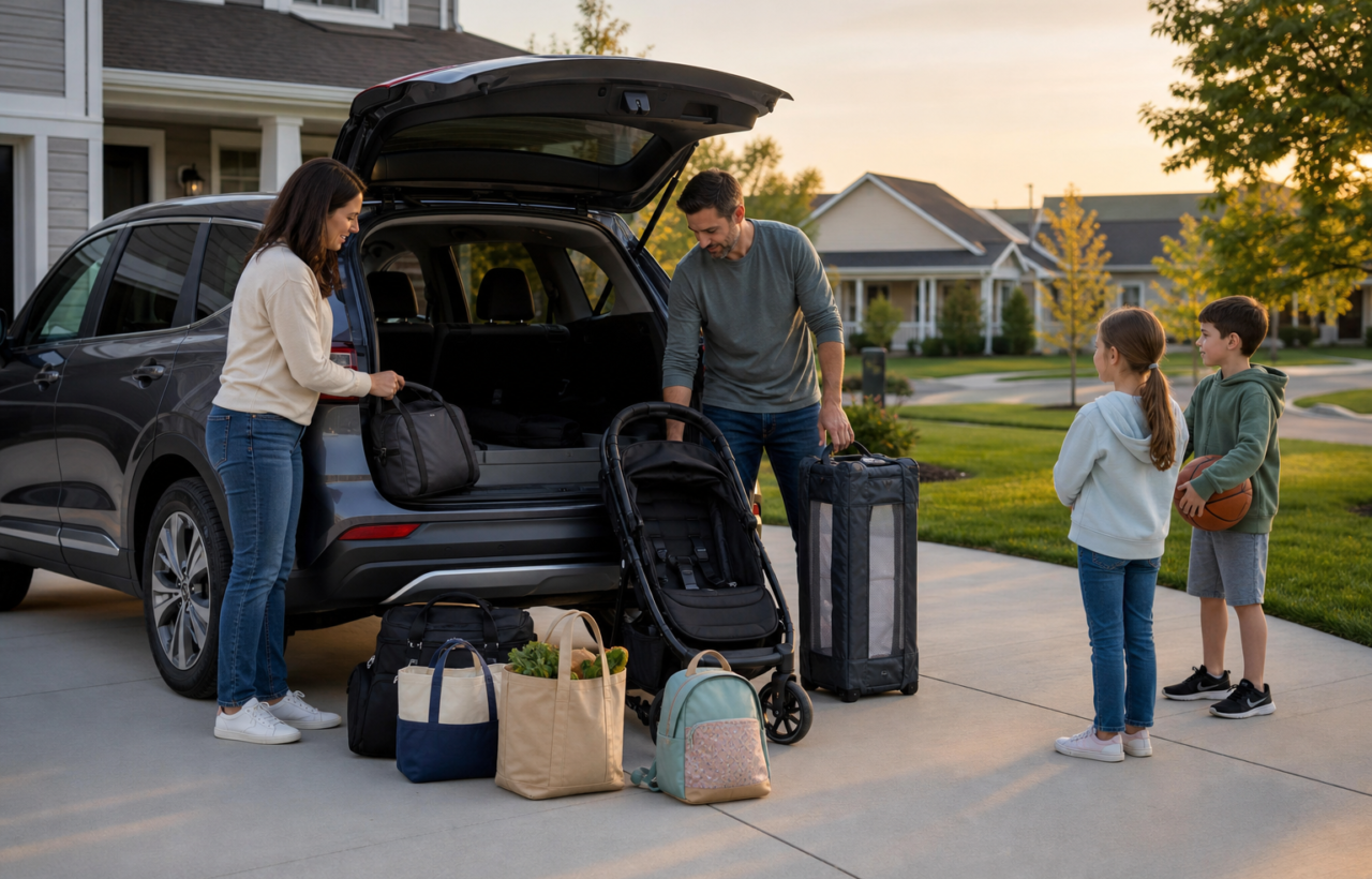 A family organizes a stroller, bags, and groceries beside an unbranded car in a suburban driveway.