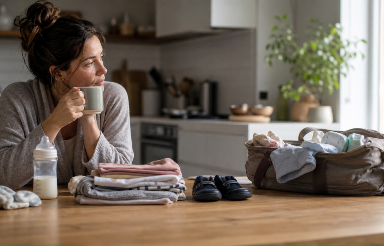 A tired mother sits at a kitchen table beside a mug, baby bottle, folded laundry, shoes, and a diaper bag in soft morning light.