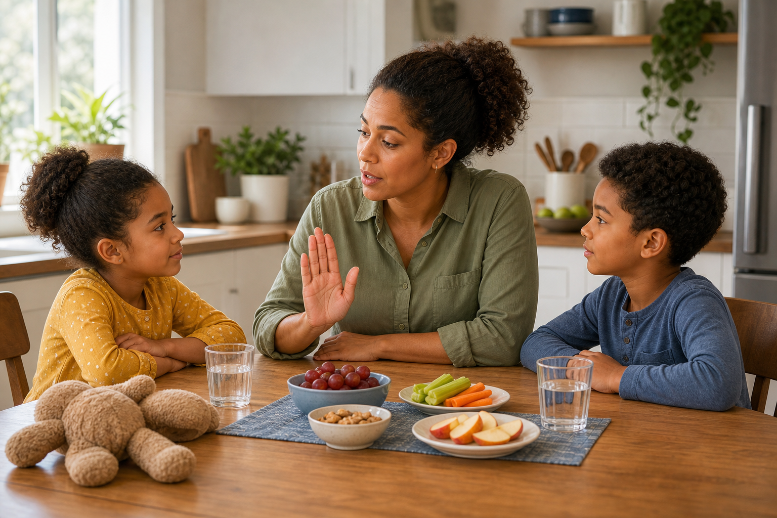 An adult calmly talks with two children at a kitchen table while a toy rests off to the side.