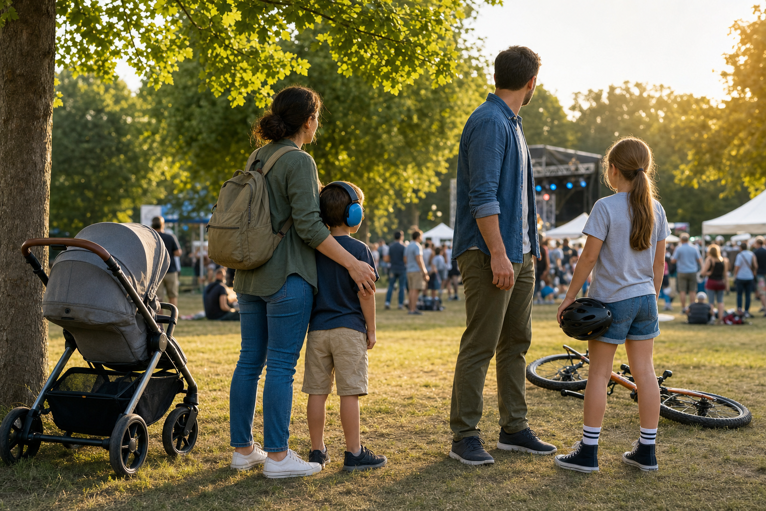 A family prepares children for a busy outdoor setting with hearing protection, a stroller, and a helmet.