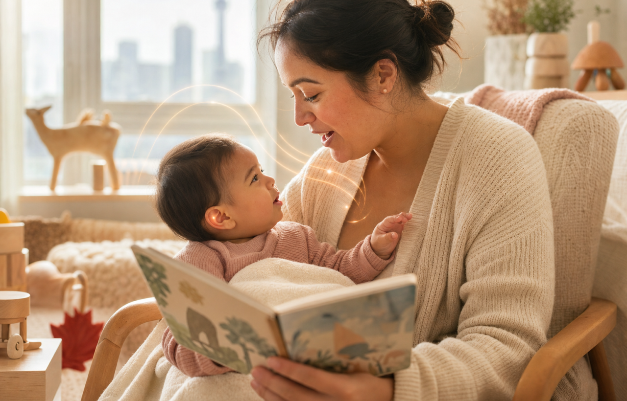 Parent reading to an engaged baby in a cozy nursery, with warm light highlighting early listening and bonding