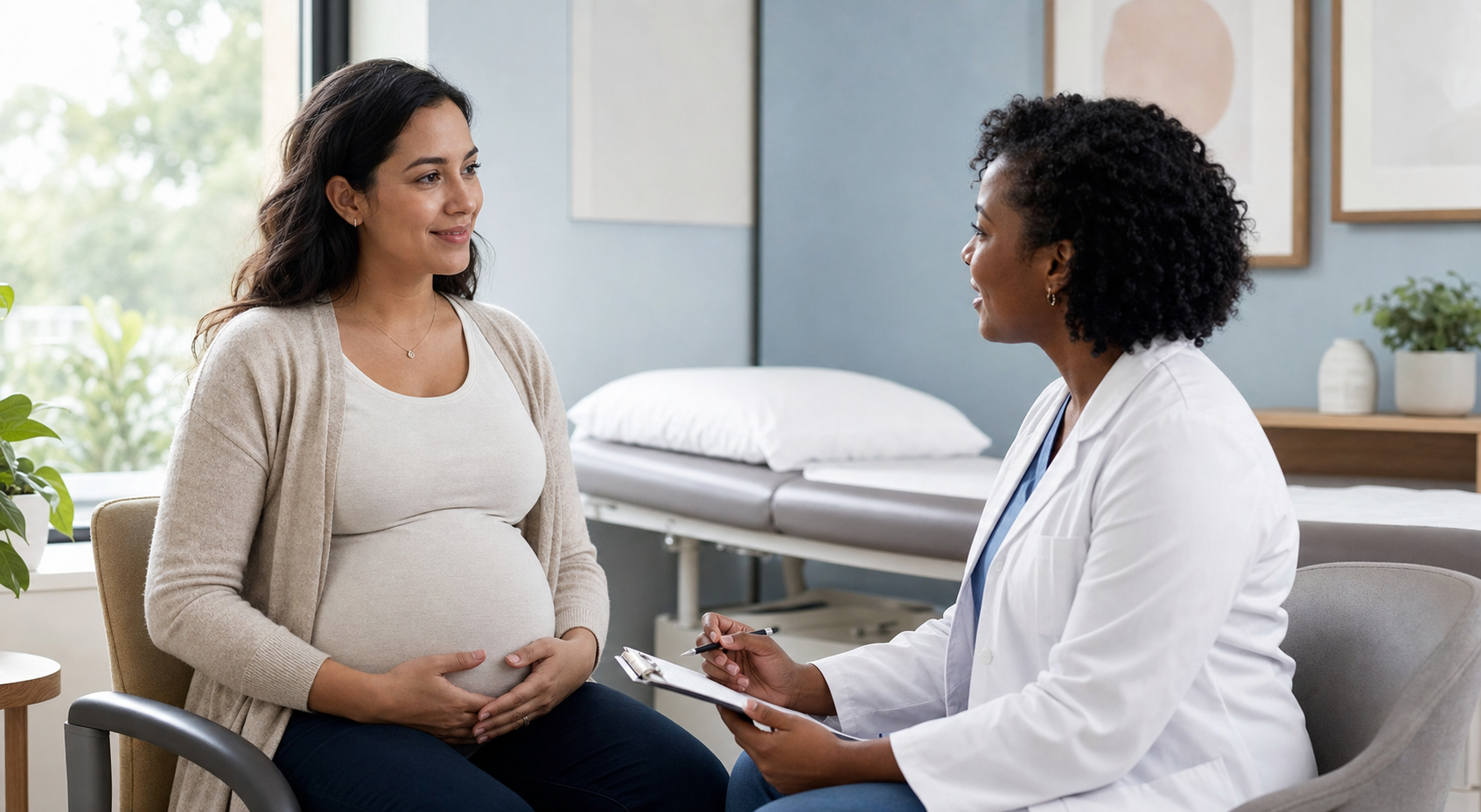 Pregnant person speaking with a clinician in a calm maternity clinic room.