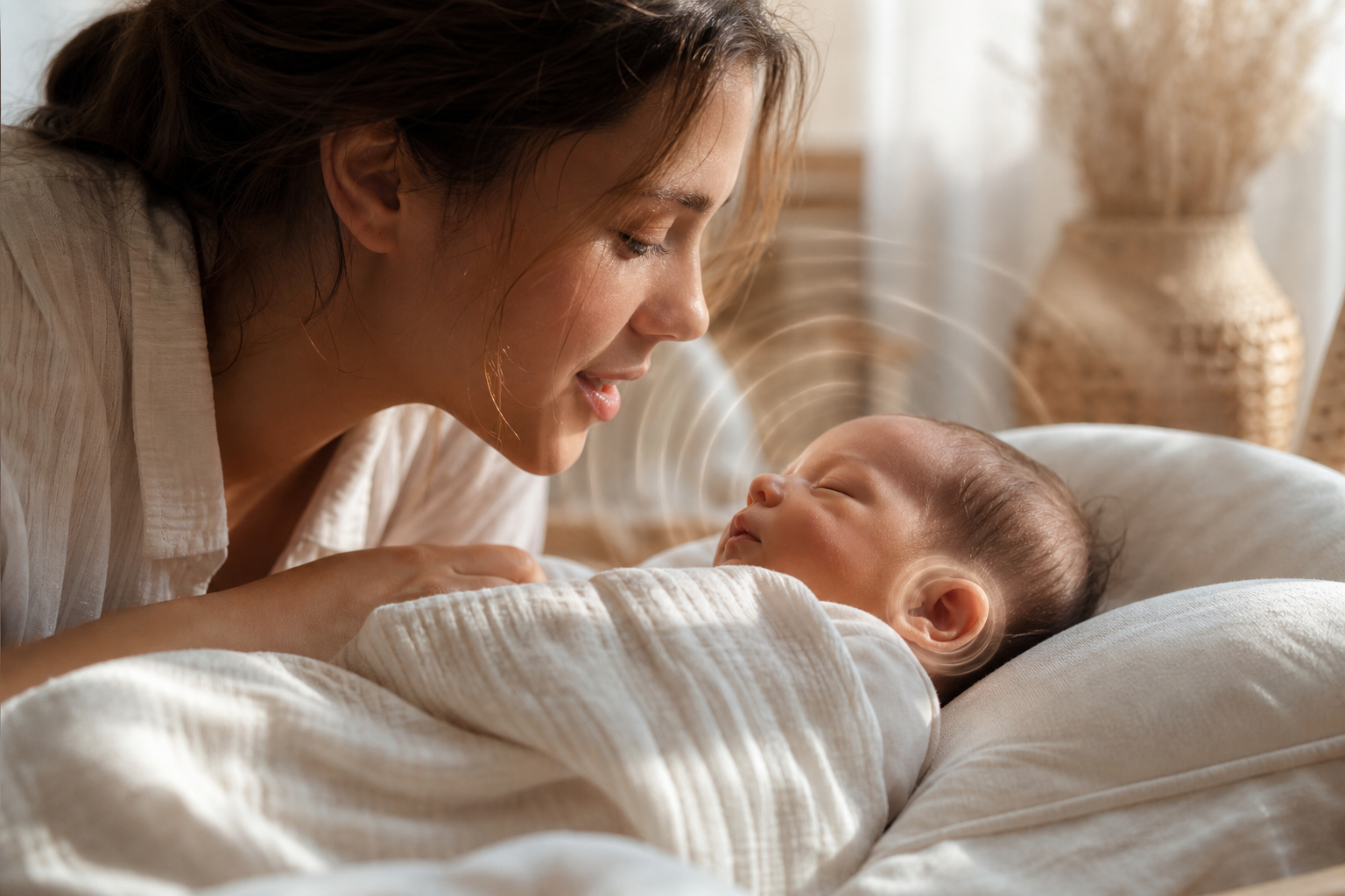 A parent speaks softly to a newborn in a bright nursery.