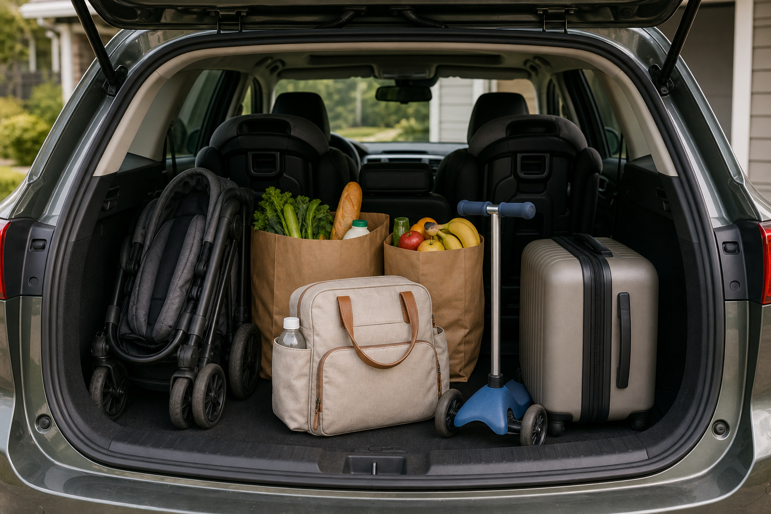 An open car cargo area holds a stroller, groceries, a scooter, and a suitcase with child seats visible inside.