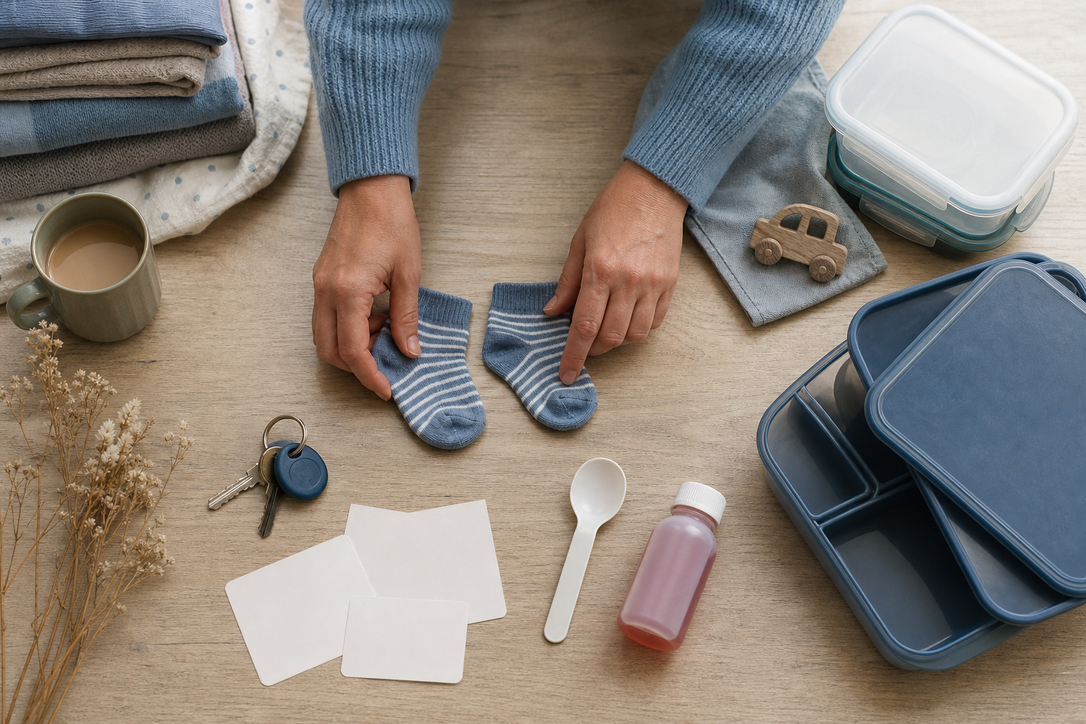 Adult hands organize small household items including socks, a medicine spoon, meal containers, keys, and blank cards on a table.