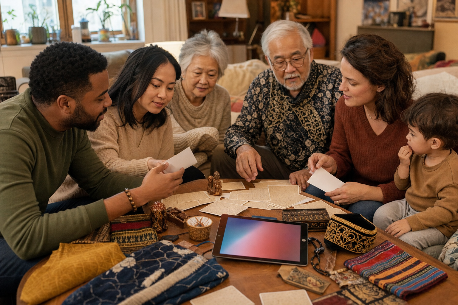 A multigenerational family gathers in a living room around blank cards, keepsakes, and baby items.