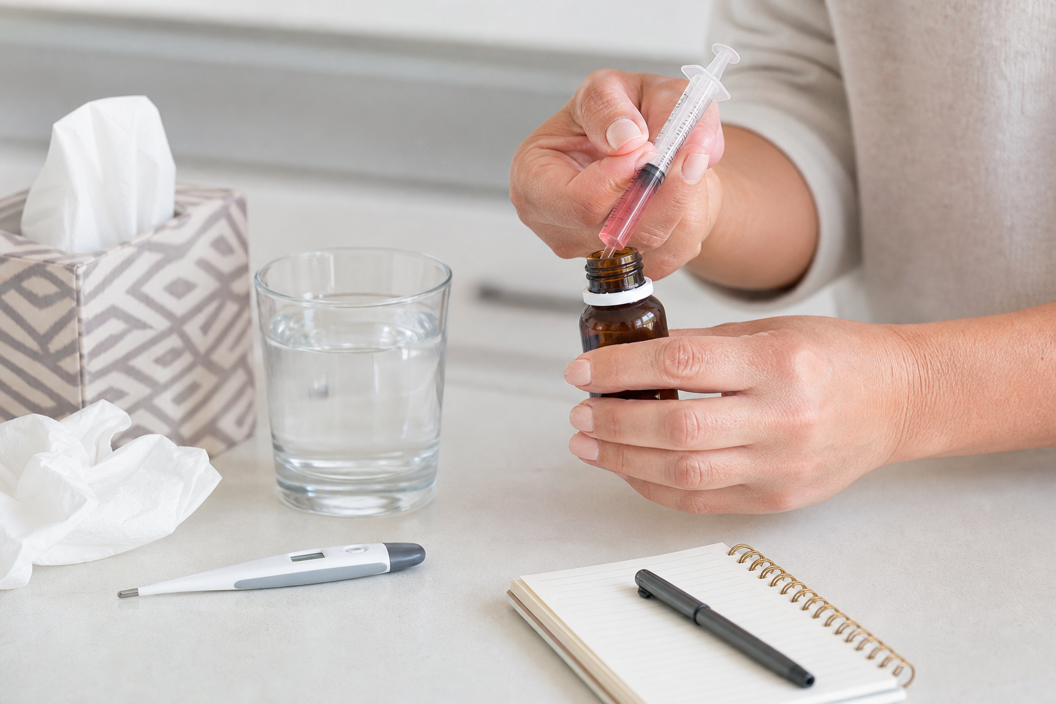 A caregiver carefully measures liquid medicine with an oral syringe beside a thermometer and sick-day supplies.