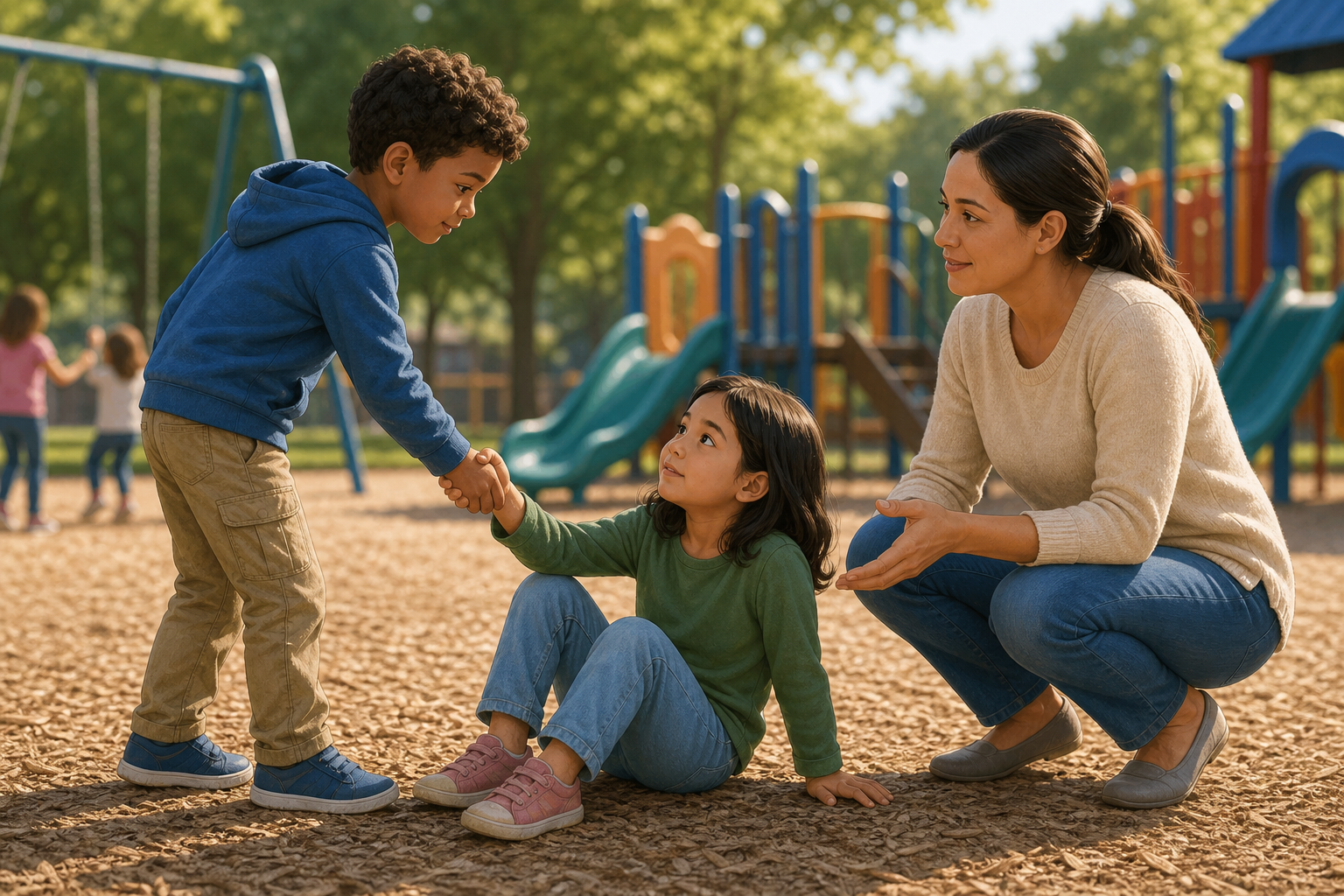 A child helps another child up on a playground while a parent crouches nearby to guide them.