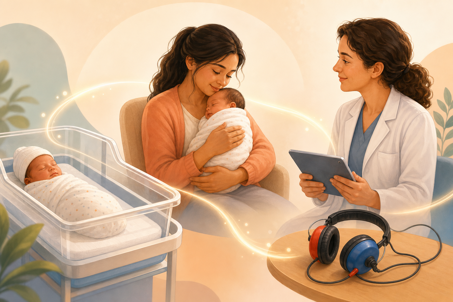 An illustration of newborn care, parent interaction, and hearing follow-up shown as connected steps.