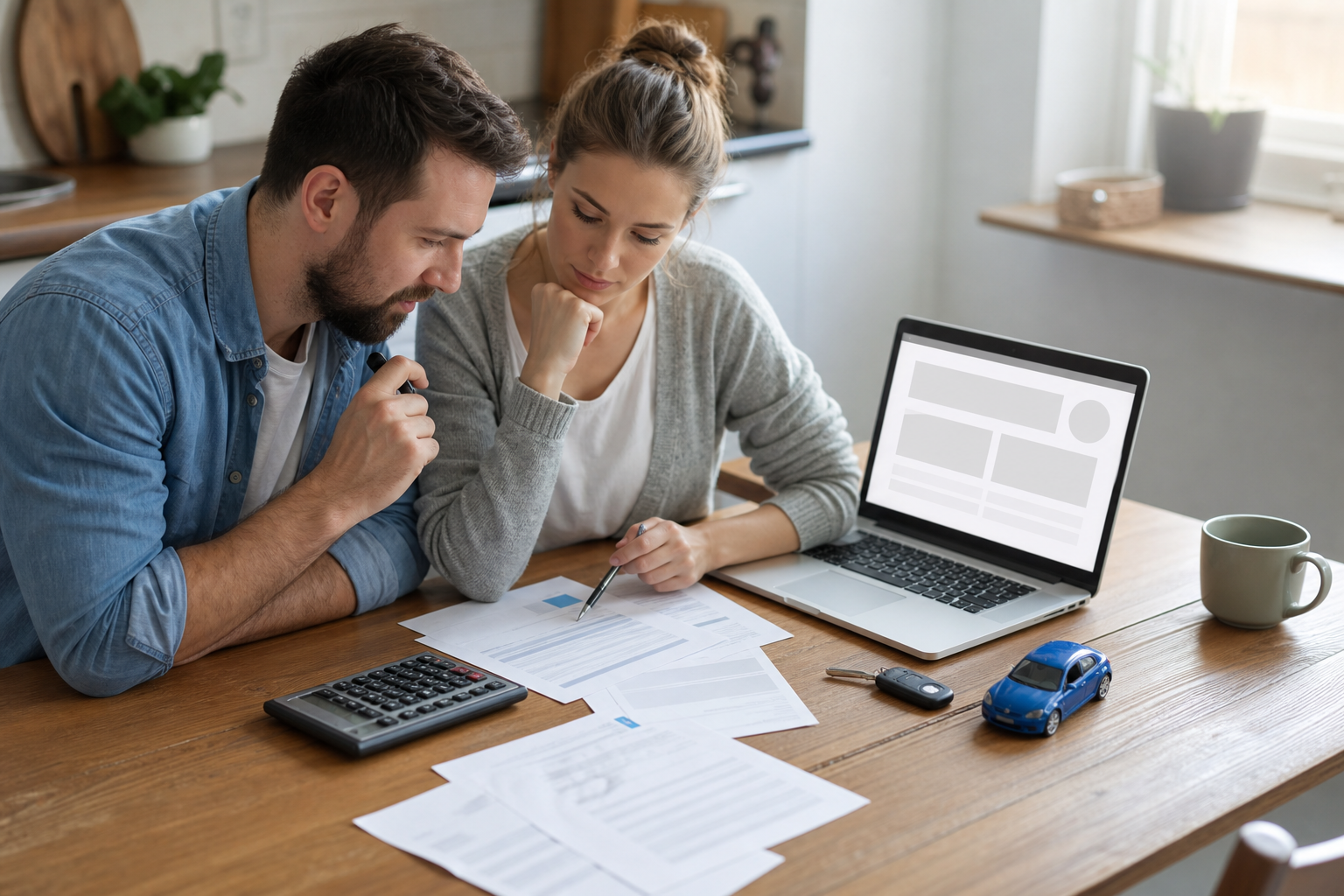 Two adults review household paperwork and car keys at a kitchen table with a toy car nearby.