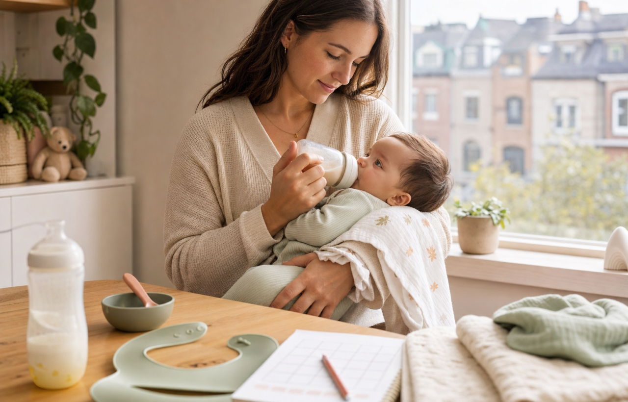 Parent bottle-feeding a calm infant in a cozy nursery kitchen with baby feeding essentials nearby