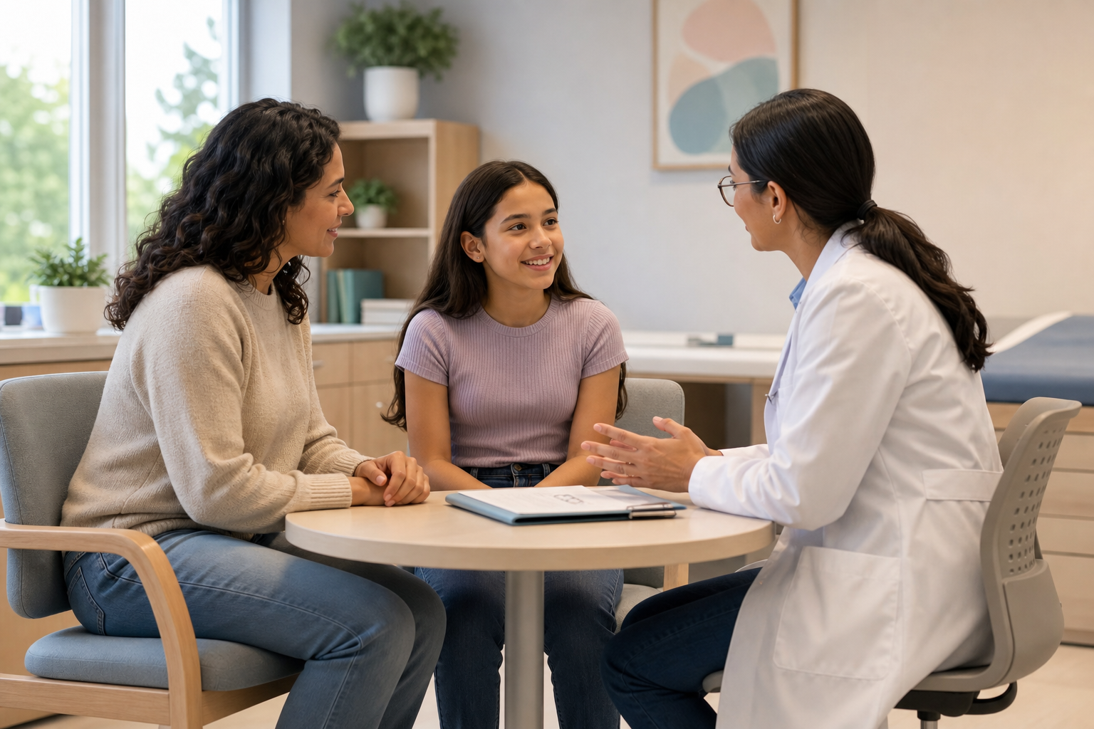 A parent, clinician, and child talk together in a pediatric exam room during a shared decision-making visit.