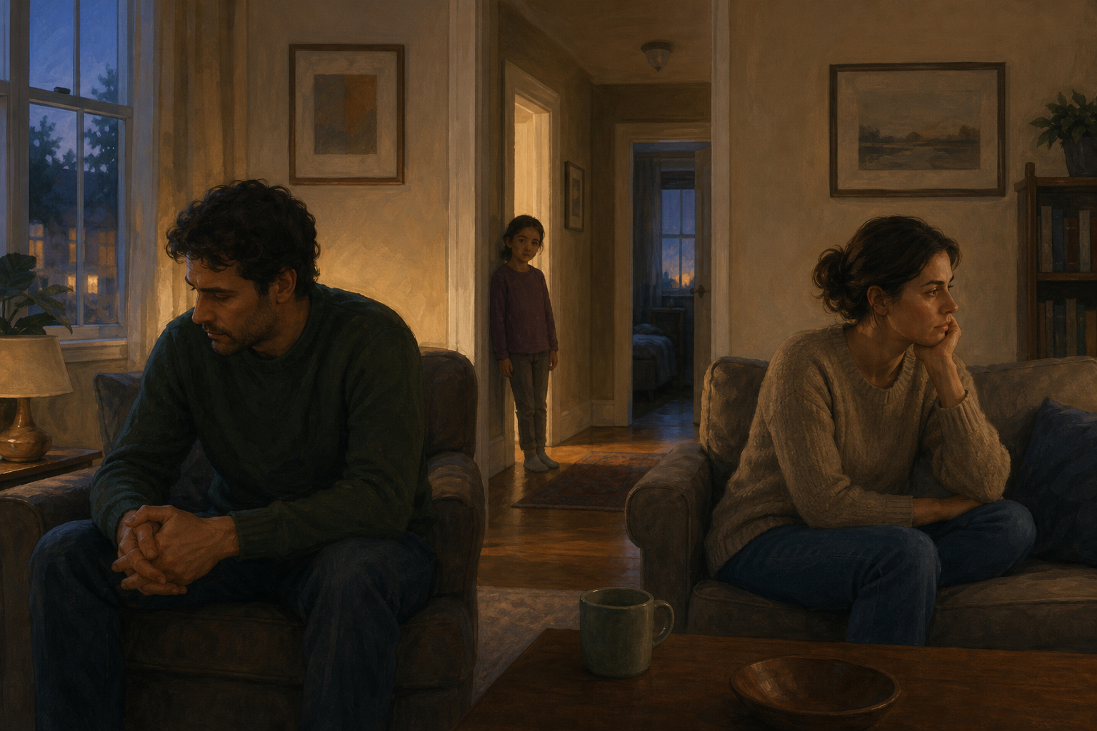 A child watches from a hallway as two adults sit quietly apart in a living room.