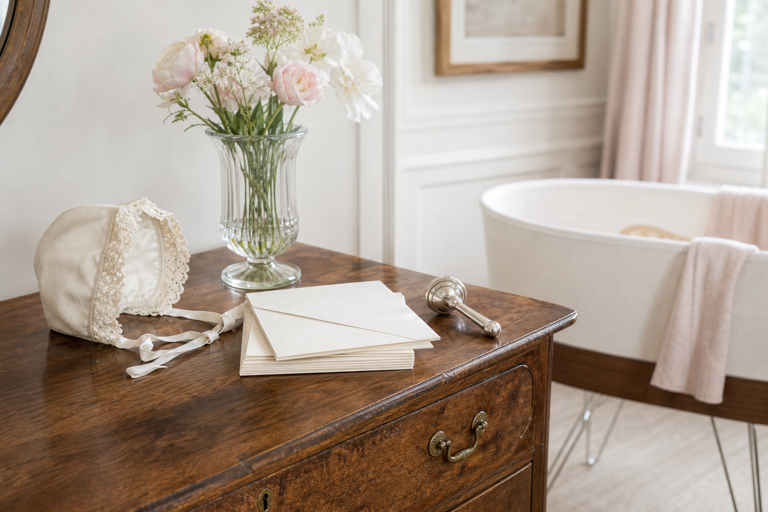 An antique nursery dresser displays a baby bonnet, blank stationery, a silver rattle, and modern decor.