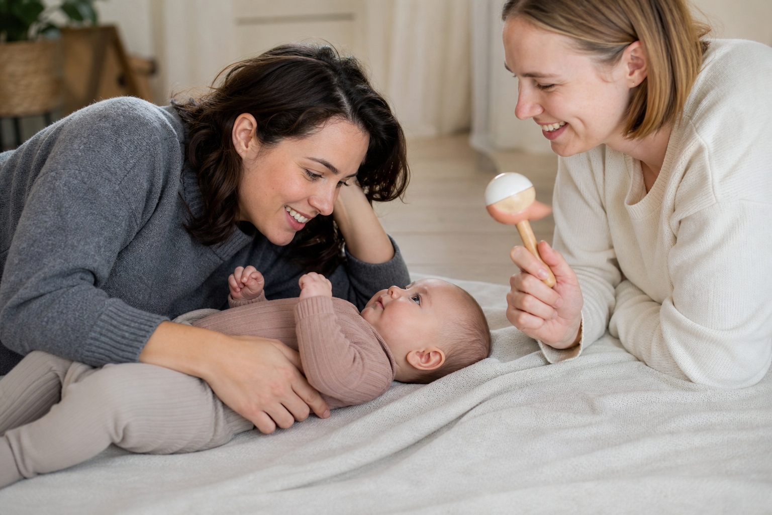 Two caregivers interact with an alert baby using voice, eye contact, and a rattle.
