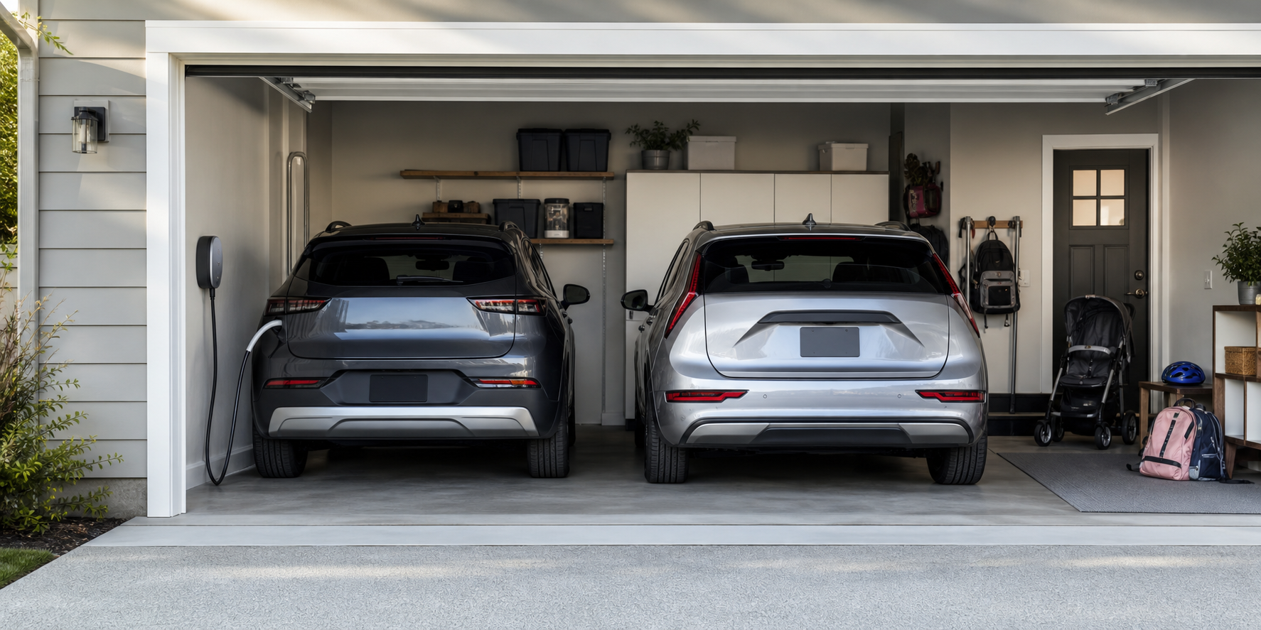 Two unbranded family vehicles sit in a garage beside daily family items and a home charging setup.