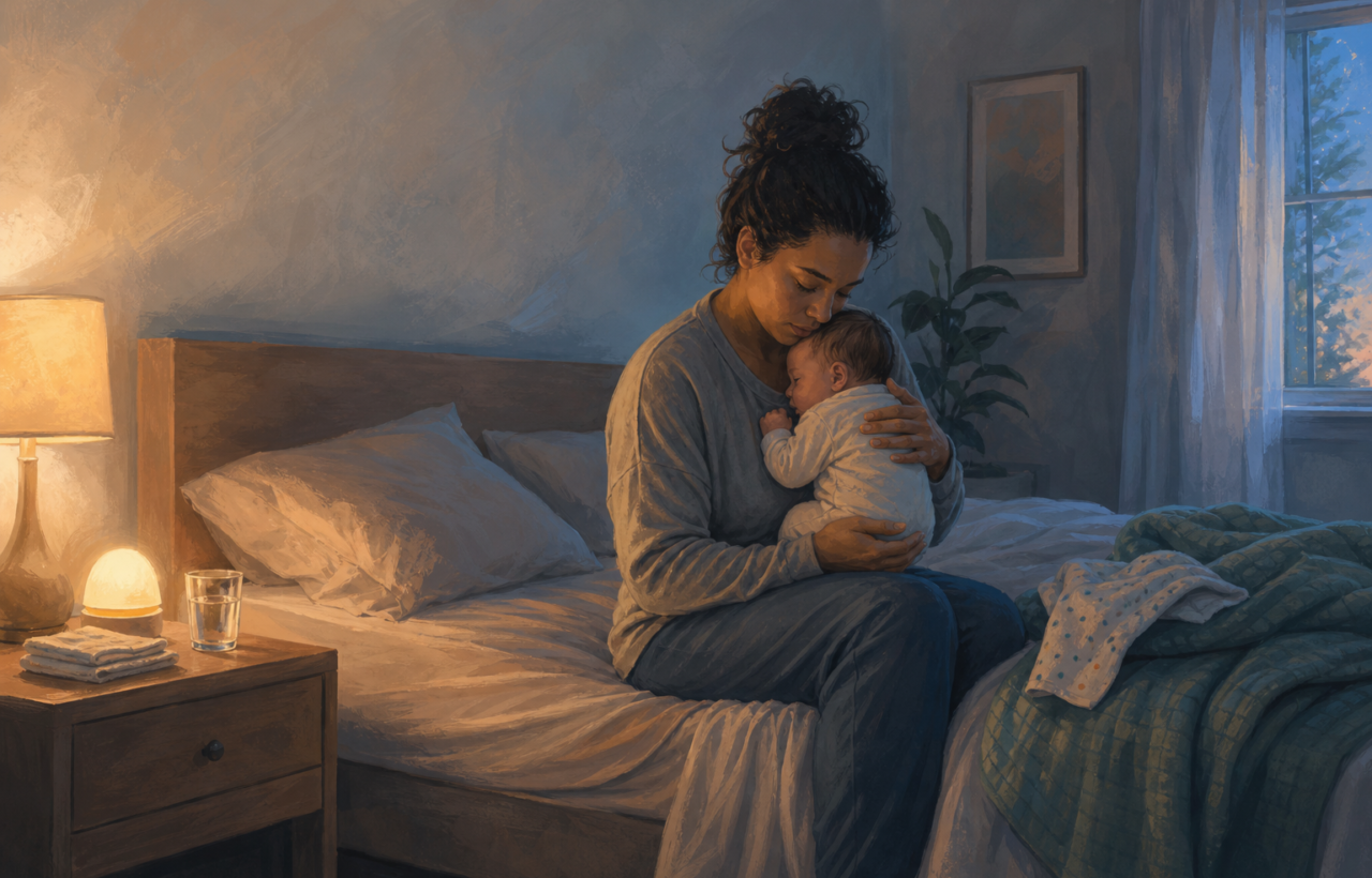 A tired parent sits on a bed holding an infant in a softly lit bedroom with caregiving items nearby.