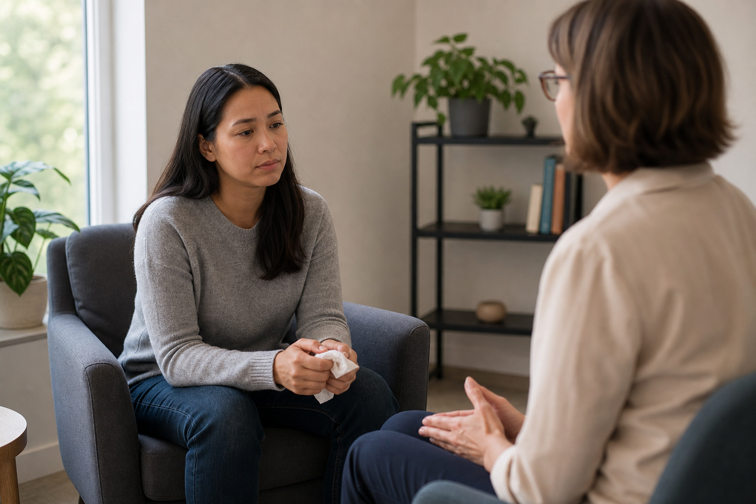 A mother sits with a tissue in a counseling office while a clinician listens from a nearby chair.