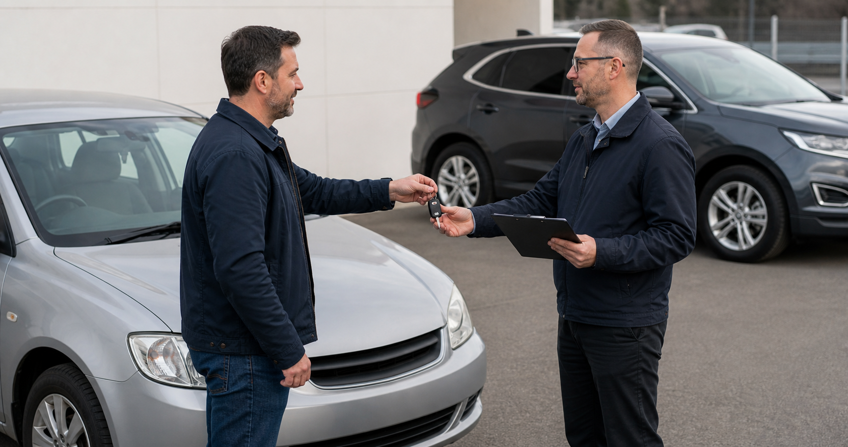 An adult hands over keys for an older unbranded family car near a newer vehicle in a dealership lot.