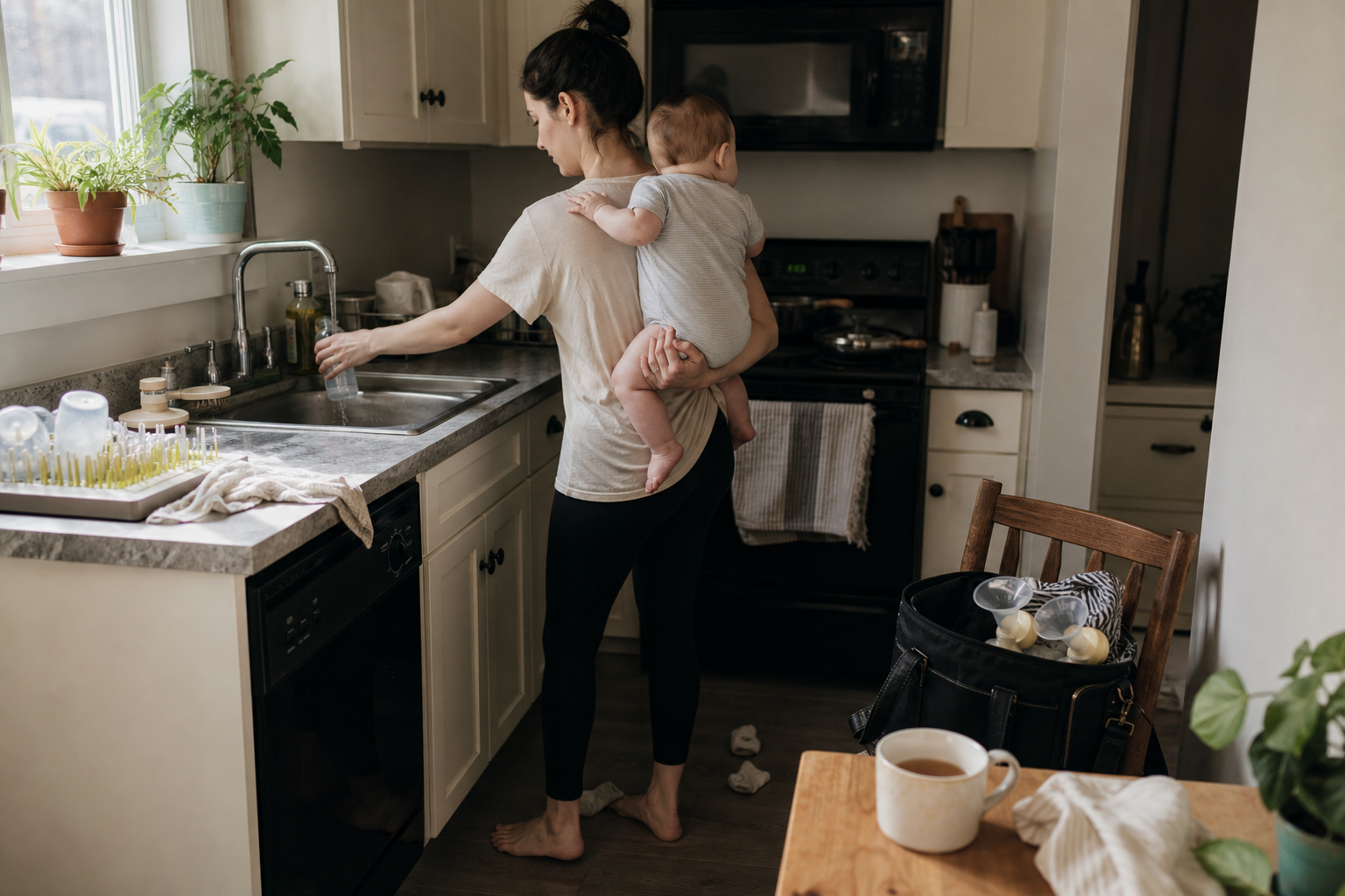 A parent holds a baby while washing a bottle in a kitchen with everyday caregiving items around them.