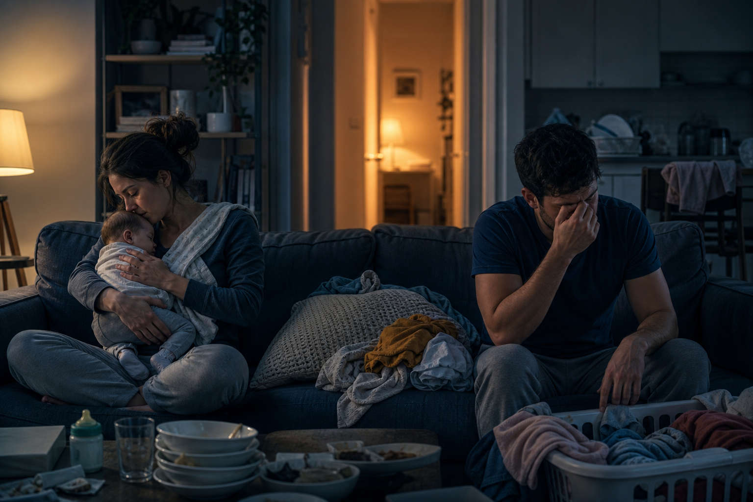Two tired caregivers sit on a couch at night while one comforts a baby and household tasks remain unfinished nearby.