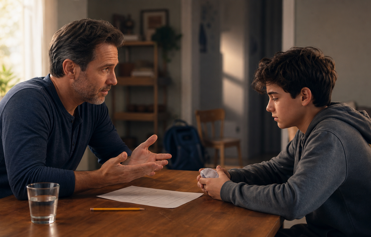 Father calmly talks with his teenage son at a kitchen table about accountability after bullying.