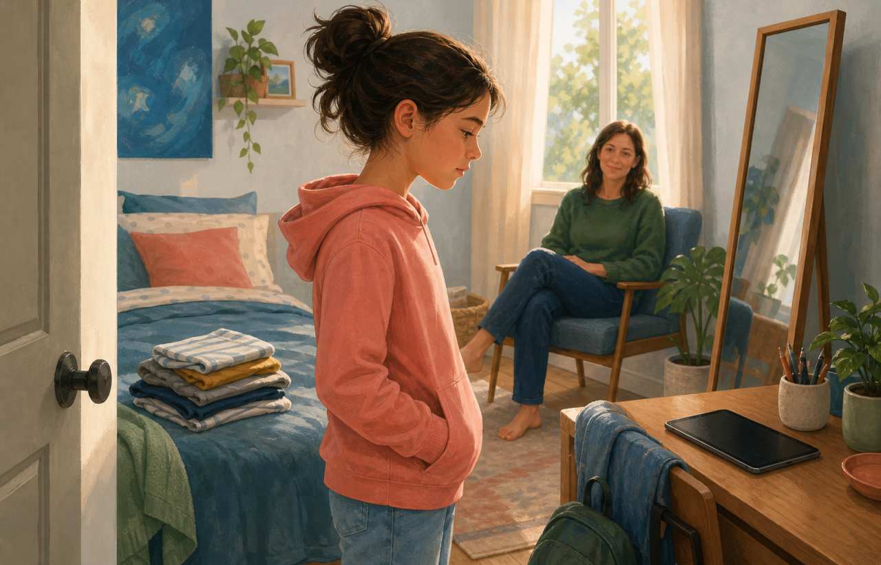 Illustration of a child in a bedroom doorway while a parent gives them space, with a tablet on a desk nearby.