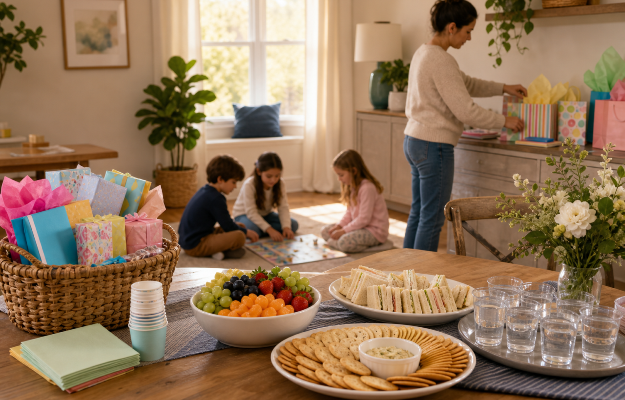 A calm children's party scene with a snack table, gifts in a basket, children playing, and an adult organizing supplies in a bright home.