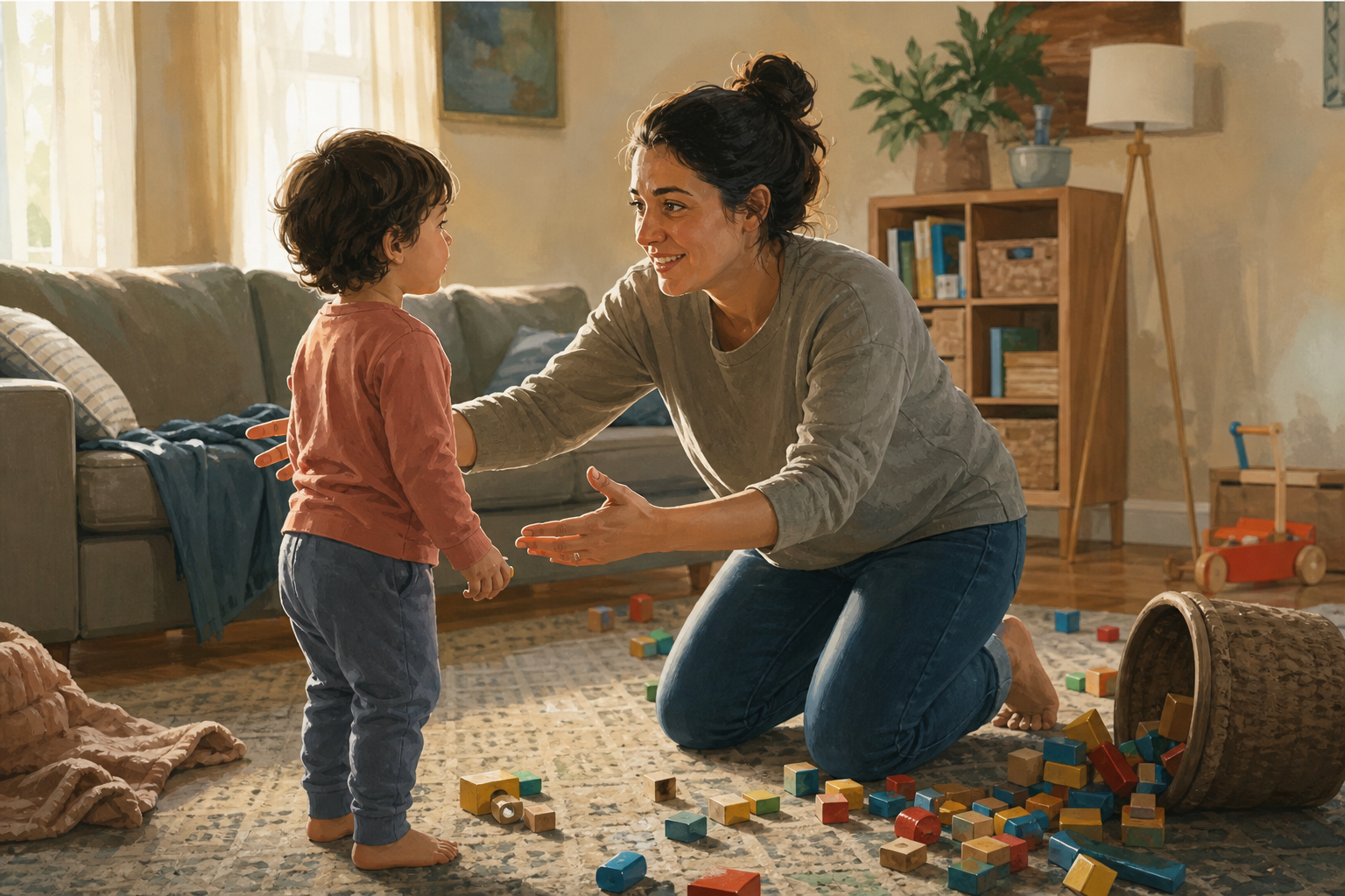 A parent kneels with open arms toward a young child in a living room with toys scattered on the floor.