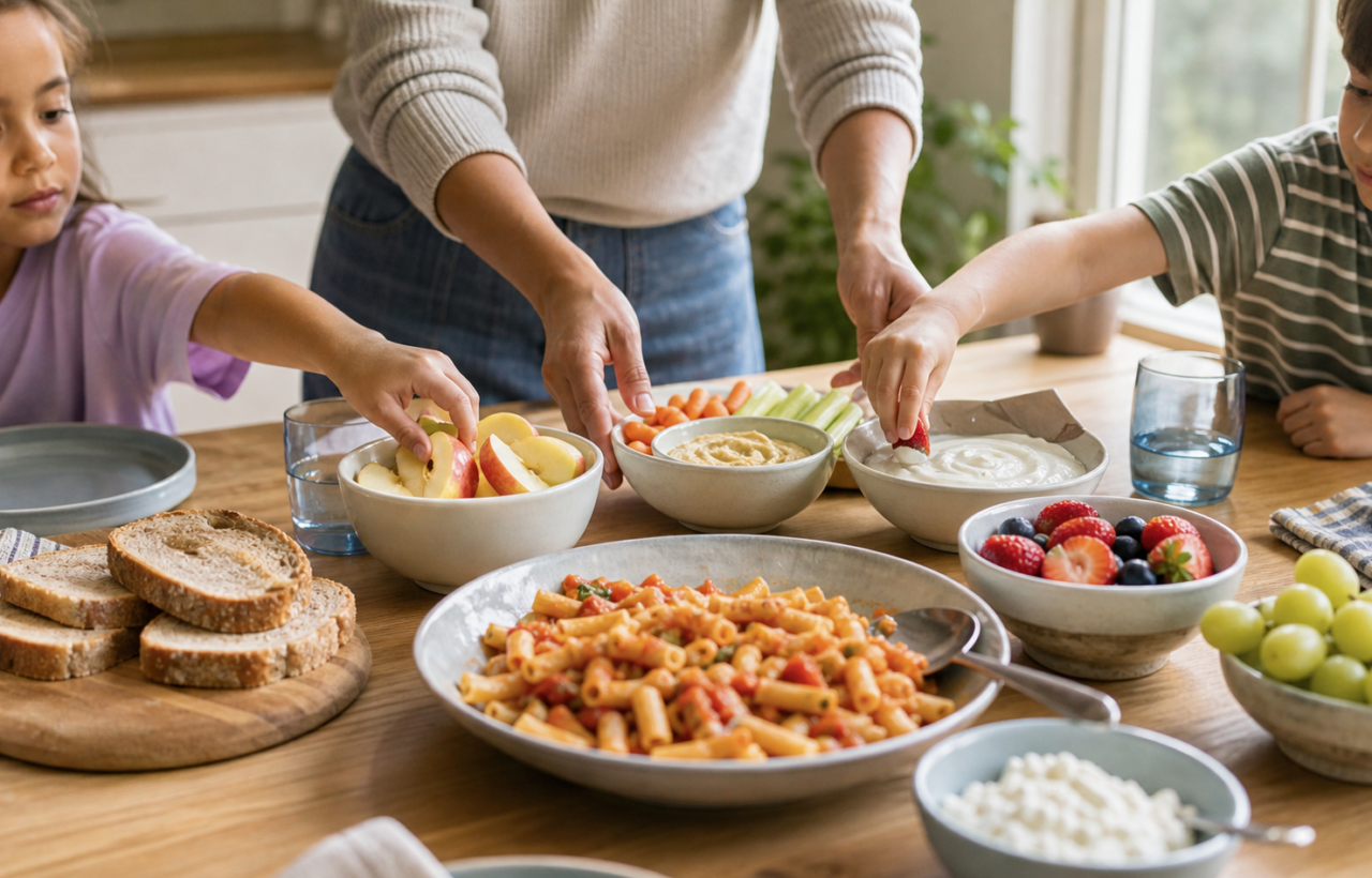 A family kitchen table with simple kid-friendly foods, fruit, yogurt, vegetables, and a caregiver serving children.