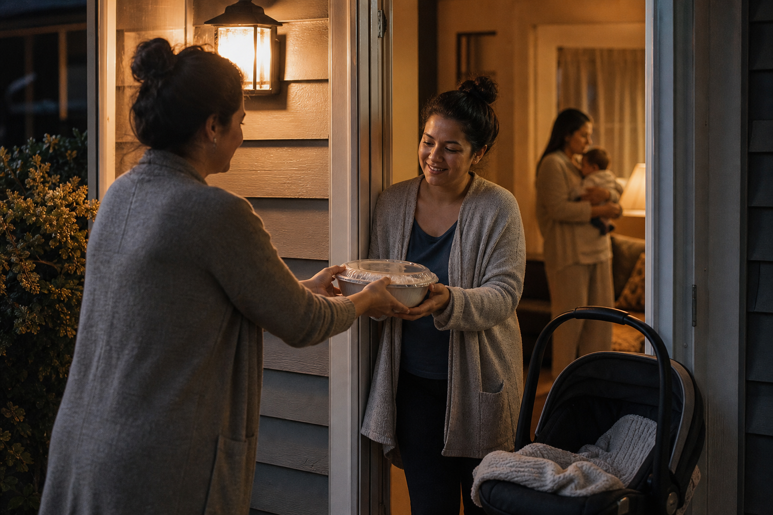 A person gives a meal to a parent at the doorway of a home while baby care items are visible inside.