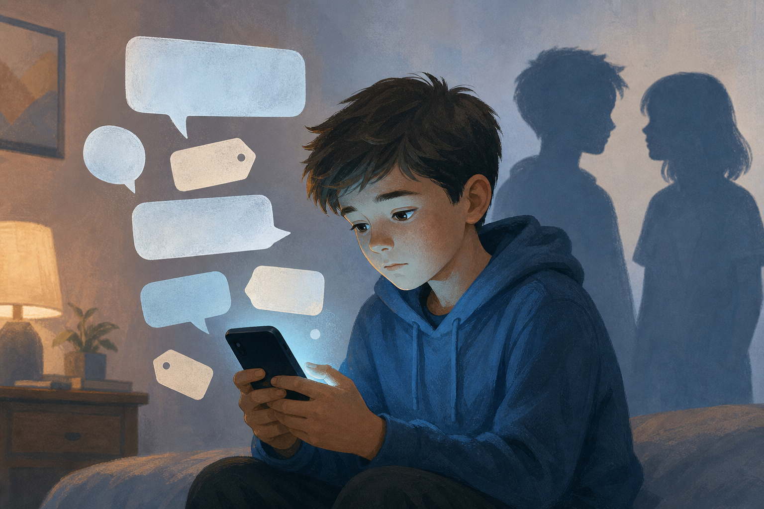 Illustration of a child looking at a phone surrounded by blank bubble and tag shapes, with peer silhouettes in the background.