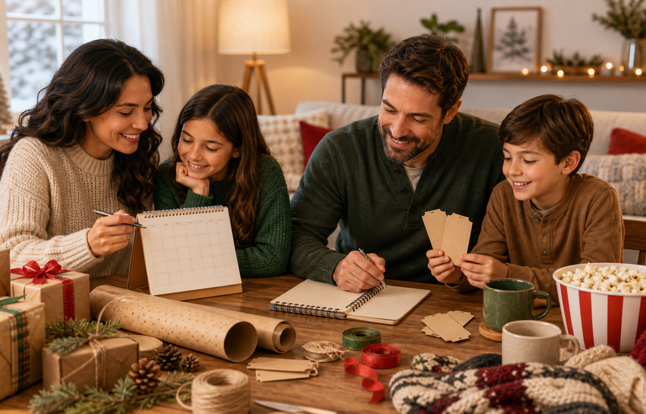 A family sits at a table with wrapped gifts, ribbons, a calendar, and blank ticket stubs in a cozy holiday home.