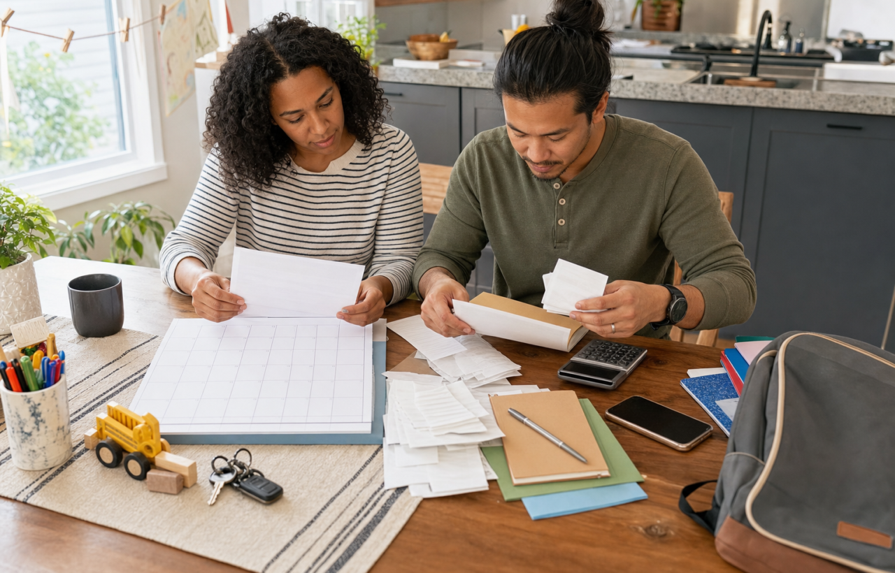 Parents sit at a kitchen table with school supplies, car keys, receipts, envelopes, and a calendar while planning household expenses.