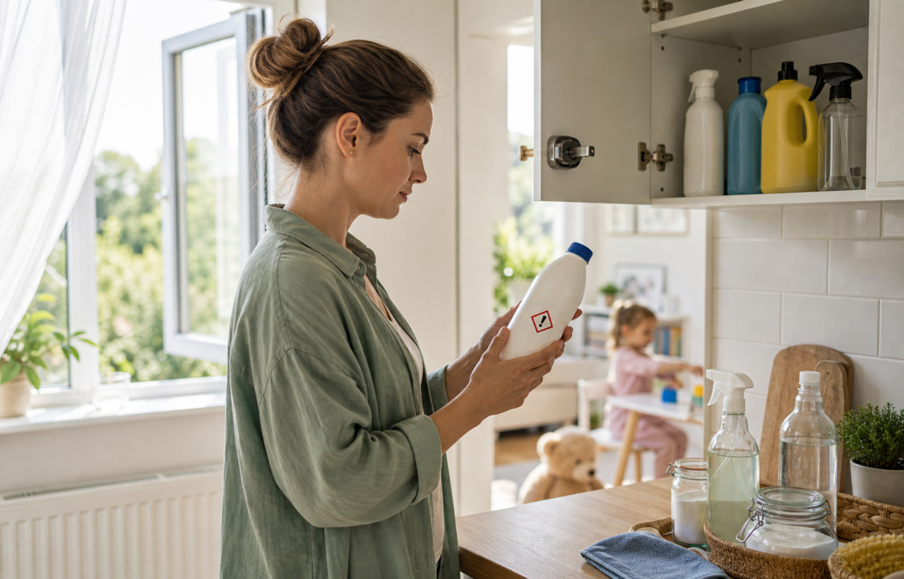 Parent reads a cleaning bottle label in a bright kitchen while supplies are stored high and a child plays safely nearby.