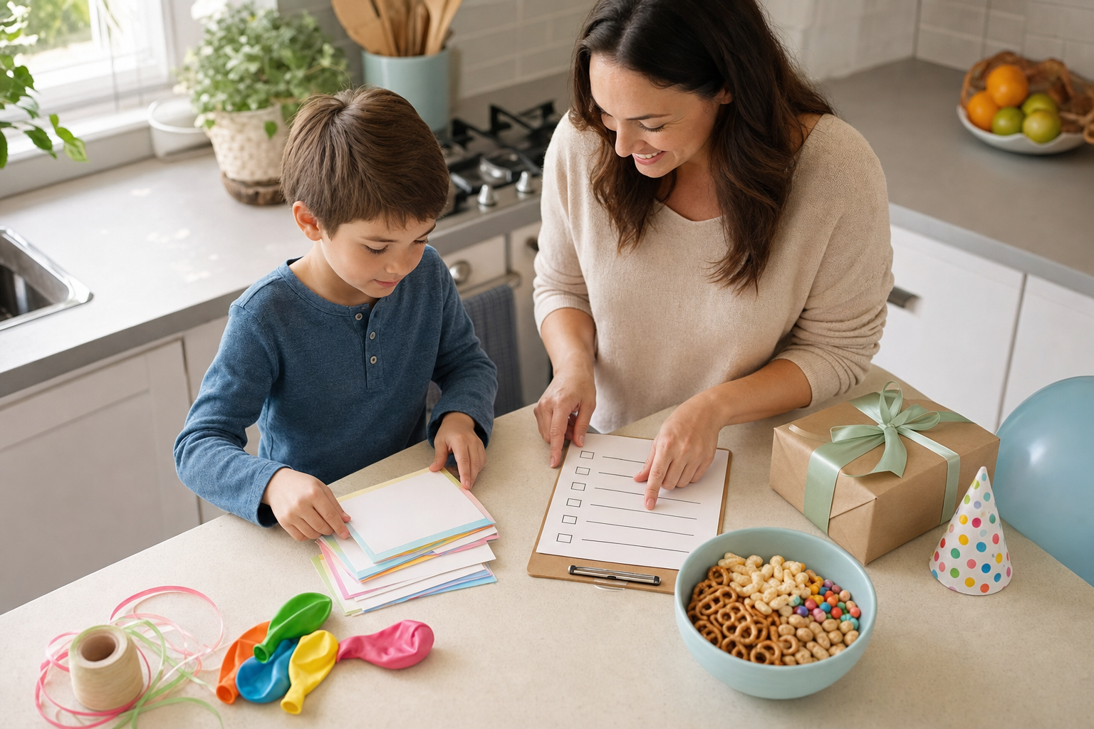 A parent and child arrange blank invitations, snacks, a wrapped gift, and planning supplies on a kitchen counter.