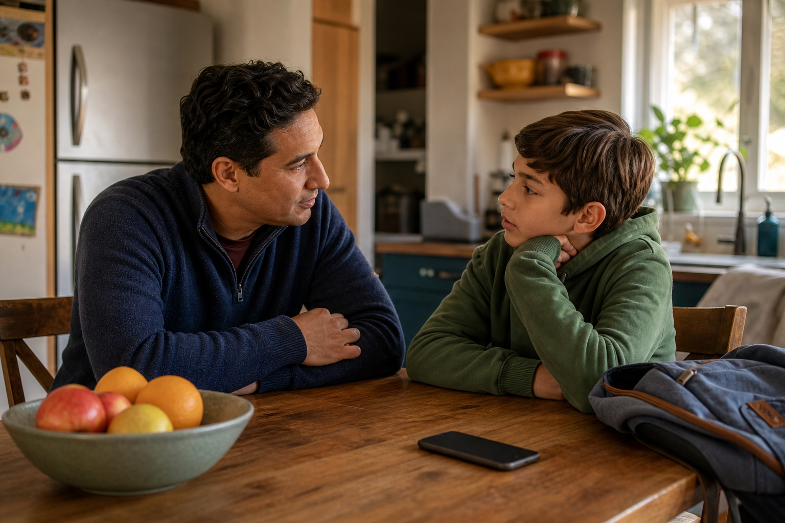 Illustration of a parent and child talking at a kitchen table with a phone placed face down nearby.