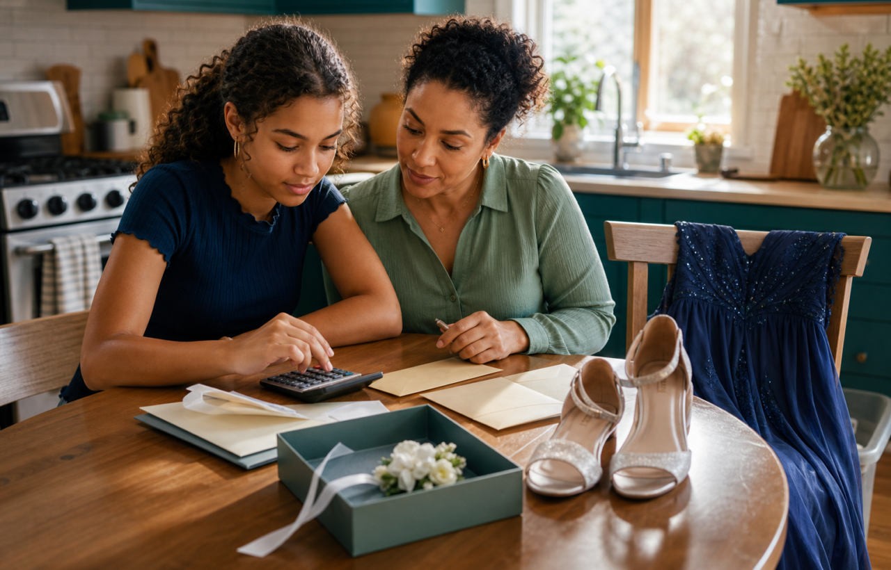 A teen and parent sit at a kitchen table with a formal dress, shoes, envelopes, and a calculator while planning homecoming expenses.