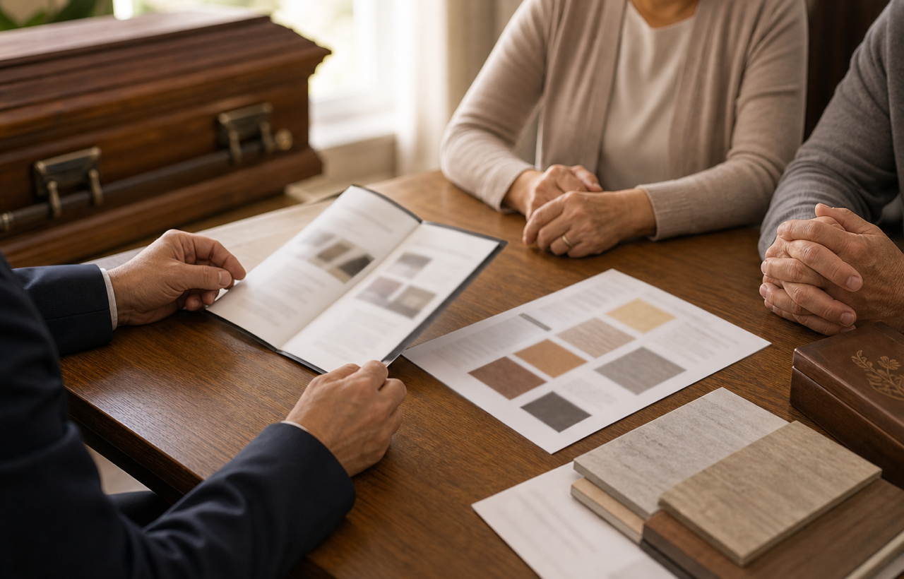 A family and funeral director review casket material samples at a table in a quiet funeral planning office.