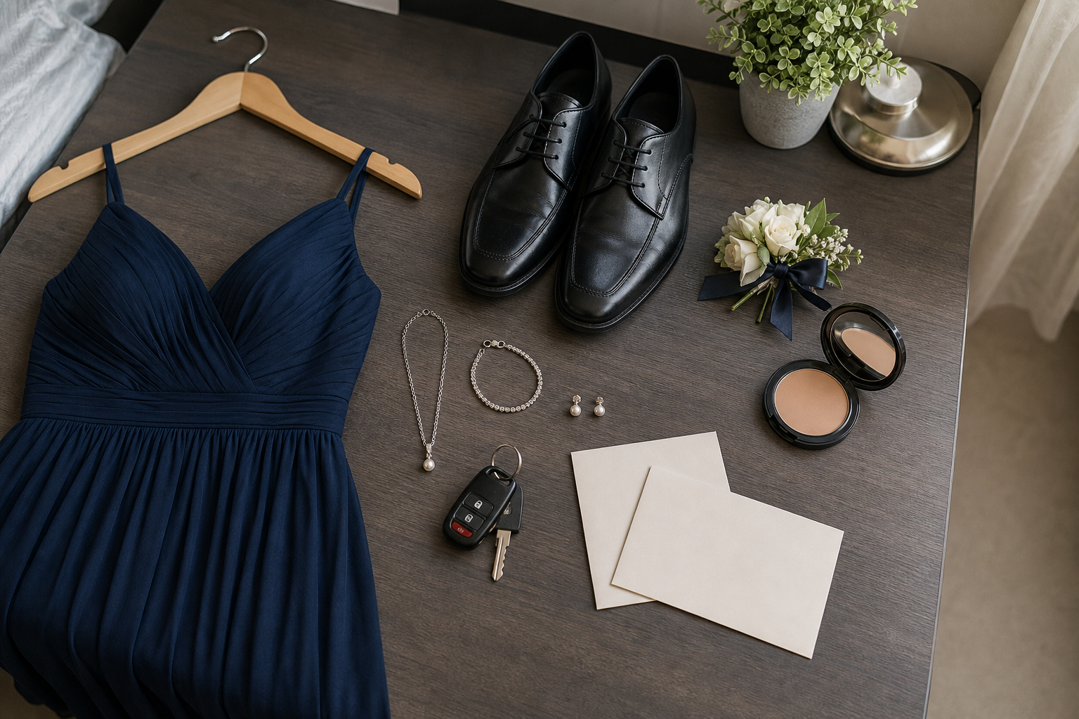 A formal dress, shoes, jewelry, corsage, makeup compact, car keys, and blank envelopes are arranged on a desk.