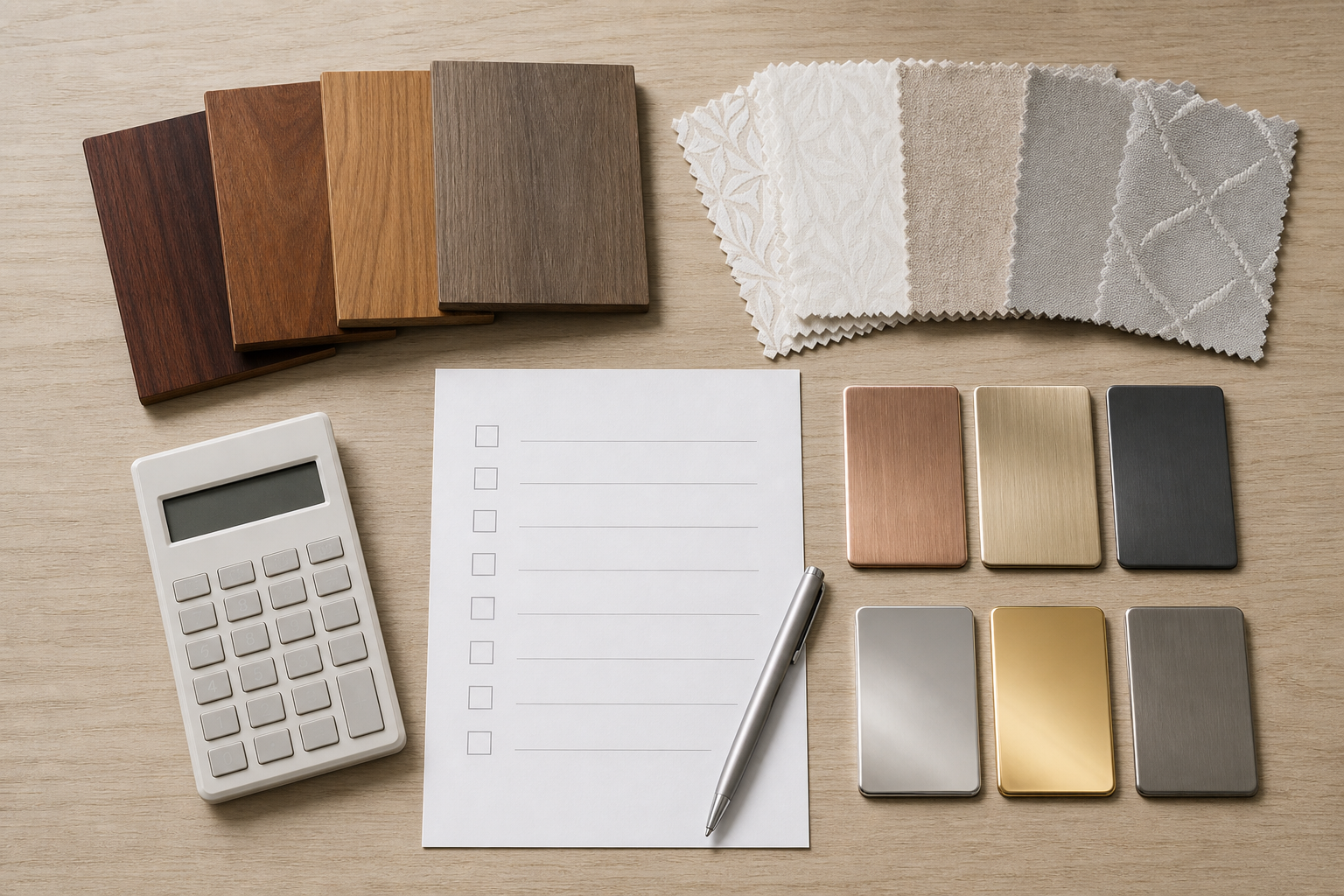 Wood, metal, and fabric casket samples are arranged with a calculator and blank checklist on a desk.