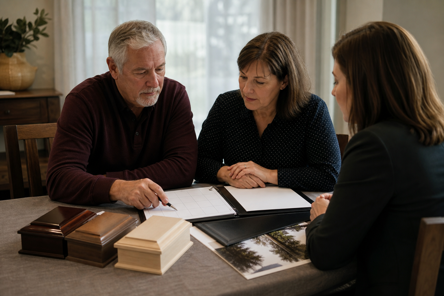 Three adults review funeral planning papers and casket samples at a dining room table.